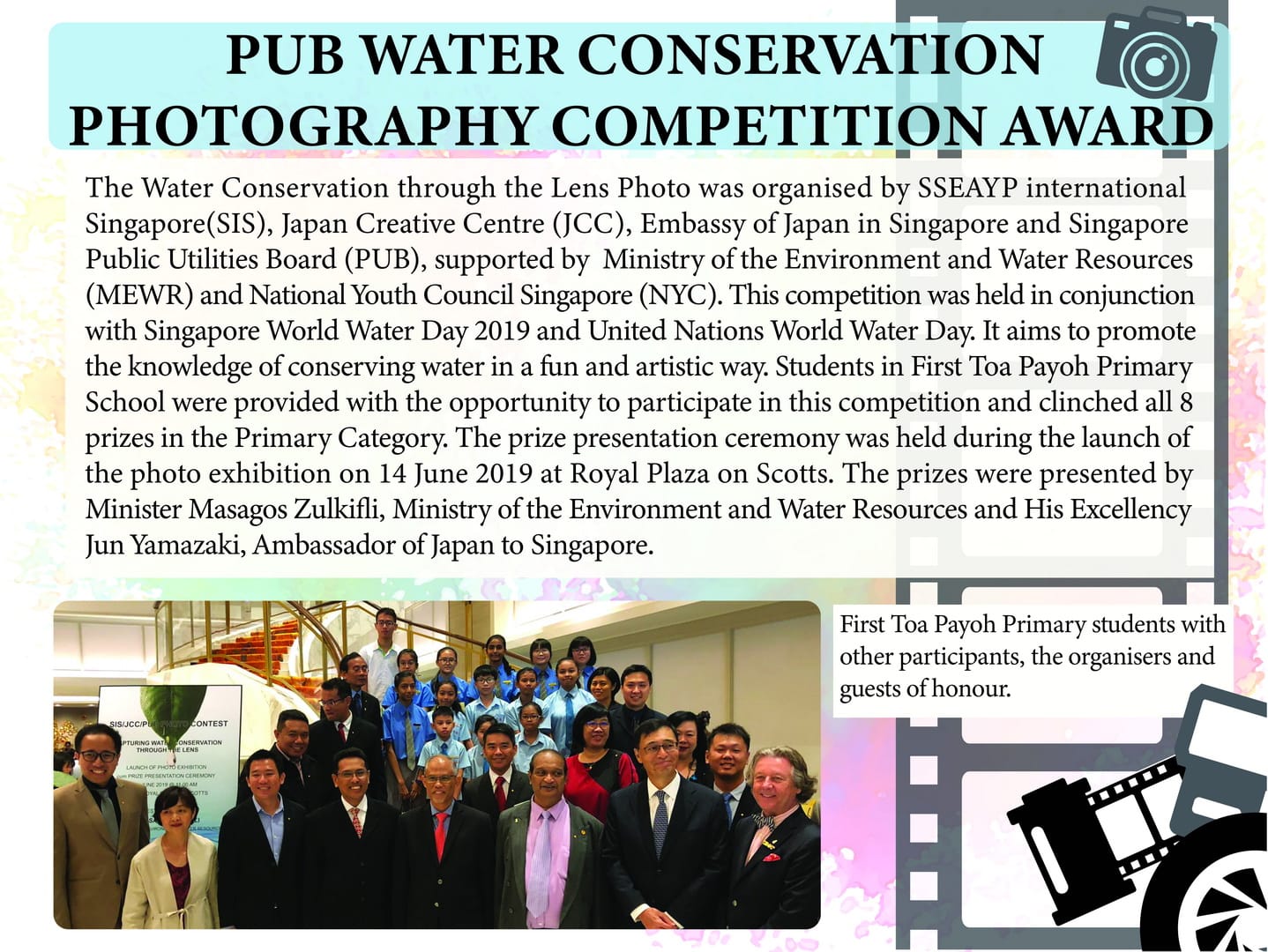 Group photo of students, organisers and guests at a water conservation photography competition award ceremony.